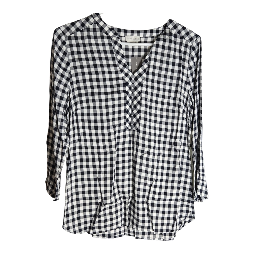 Van Heusen Navy and White Checkered Women's Top